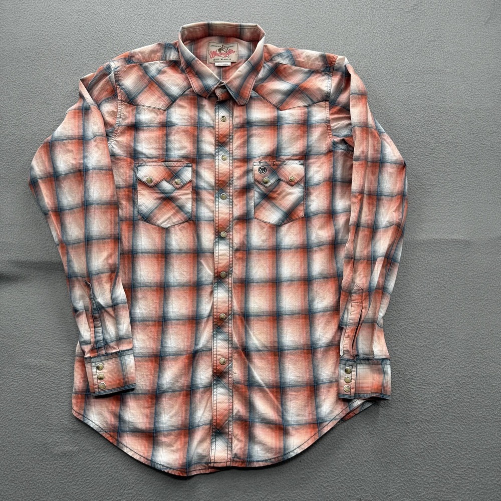 Wrangler Shirt Mens Large Orange Plaid Western Snap Long Sleeve Cowboy Casual